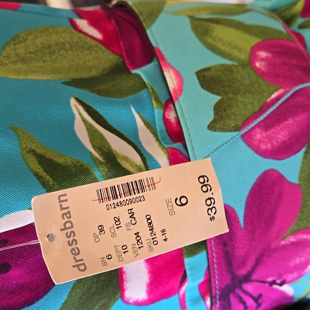 DRESSBARN Floral Sleeveless Dress Belt sleeveless pleats aqua fuchsia 6 New - Picture 4 of 8